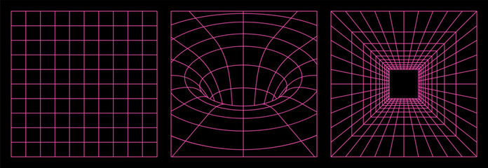 Geometry wireframe grid backgrounds in neon pink color. 3D abstract posters, patterns, cyberpunk elements in trendy psychedelic rave style. 00s Y2k retro futuristic aesthetic. © Martyshova