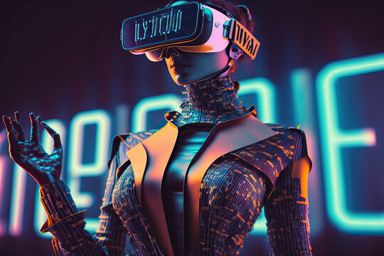 Humanoid in metaverse using VR Glasses surrounded by weird futuristic symbols. Generative IA