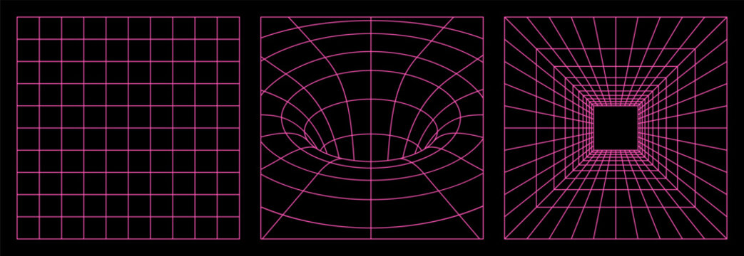 Geometry wireframe grid backgrounds in neon pink color. 3D abstract posters, patterns, cyberpunk elements in trendy psychedelic rave style. 00s Y2k retro futuristic aesthetic.