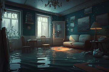 Floods and Natural disasters. House and apartment flooded. (Generative AI)