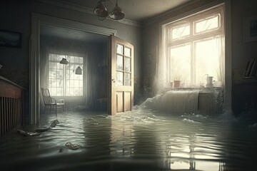 Floods and Natural disasters. House and apartment flooded. (Generative AI)