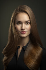Naklejka premium Stunning Portrait of a Young Businesswoman: A Radiant and Cheerful Lady with Long Hair, Captured in Studio against a Grey Background., generative ai art