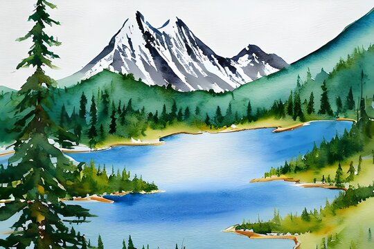 Elegant white background with a watercolor mountain for a wedding, a book cover, wallpaper, or wall art. A lovely watercolor painting with a lake, pines, and mountains. Generative AI