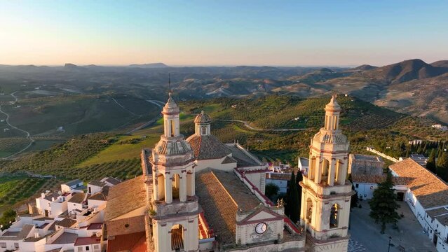 aerial view of Castillo de Olvera Towering On White Village In Olvera, Province of Cadiz, Spain
