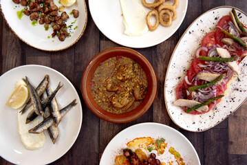 Spanish tapas recipes with fried anchovies, grilled octopus, sliced roast beef with chips, stewed rabbit with rice and peppers, ventresca salad and criadillas