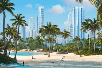 Obraz premium midjourney generated illustration by ai, miami beach scene in pastel colors. Generative AI
