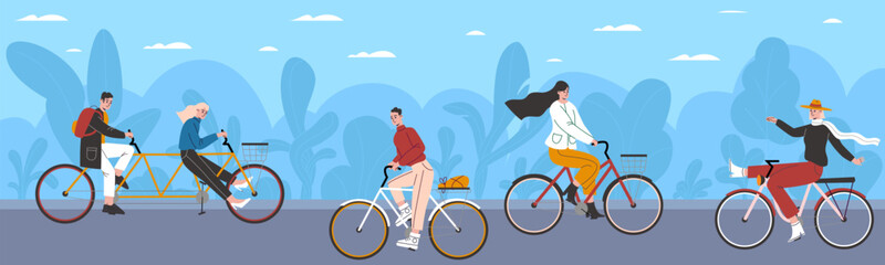 Cyclists in nature. Happy men and women riding bicycles. Healthy active lifestyle. Bushes along road. Friends biking in park. Outdoor summer sport. People walking together. Vector concept