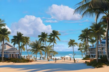 Fototapeta na wymiar midjourney generated illustration by ai, miami beach scene in pastel colors. Generative AI