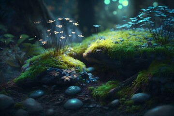 Moss on stones in a magical forest. Fantasy and fairytale magical forest with glowing flowers. Generative AI