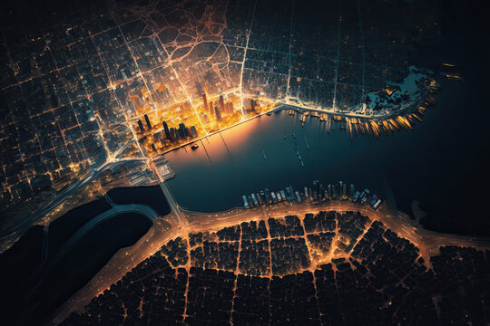 Aerial view of big illuminated metropolis by night