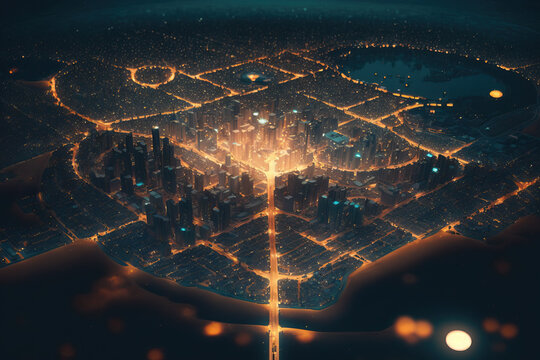 Aerial view of big illuminated metropolis by night