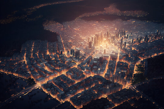 Aerial view of big illuminated metropolis by night