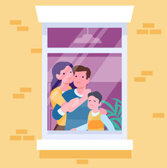 Family in quarantine look out window of house. Hugging parents and kid. Stay home. Building facade. Pandemic safety. Couple and child at windowsill. Isolation in apartment. Vector concept