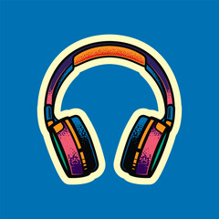 Original vector illustration in vintage style. Full-size, wireless stereo headphones in different colors. T-shirt design. A design element.
