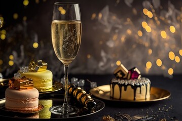Champagne and macarons, celebration party food, ai generated, generated art