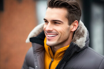 A city winter portrait of a cheerful and attractive male student dressed in warm attire, beaming with joy amidst the autumn foliage, generative ai art