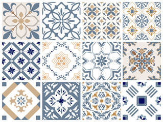 Traditional decorative color  portuguese set of seamless vector patterns. The tile is azulejo. Geometric patterns and backgrounds for your design. Vector illustration. - 576024684