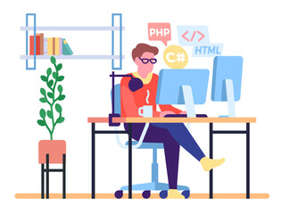 Freelance programmer working on his project from home. Developer remote job. Freelancer programming software. Man sitting at table. Digital code. Comfortable workplace. Vector concept