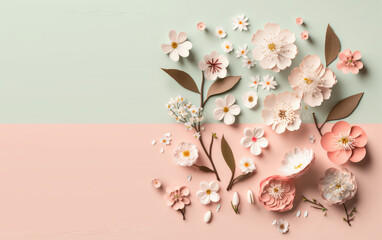 Cute white flowers on pastel background. Flat lay, top view, summer flowers composition with copy space. Beautiful spring bloomed flowers. 3d render illustration. Generative AI art.
