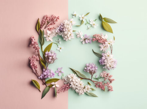 Cute field flowers on pastel background. Flat lay, top view, flowers composition with copy space, picture frame. Beautiful spring bloomed flowers. 3d render illustration. Generative AI art.