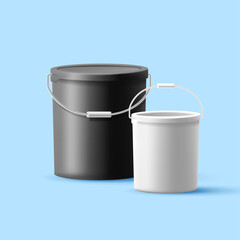 3D black and white bucket with a handle, with and without a lid. Composition for advertising and packaging of food, industrial, and textile materials. Illustration on a light blue background.