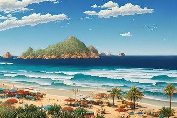 Naklejka premium Retro illustration of the beach. Generative AI