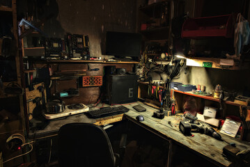 workbench for work and repairman locksmith tools in garage