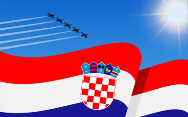 Flag of Croatia and a fighter plane formation flying in the sky. Independence day Croatia. Military aviation in the blue sky. Vector illustration