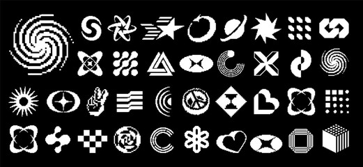 Abstract graphic elements set. Retro futuristic Y2K geometric shapes, modern brutalist design icons and signs, vector bitmap pixel effect