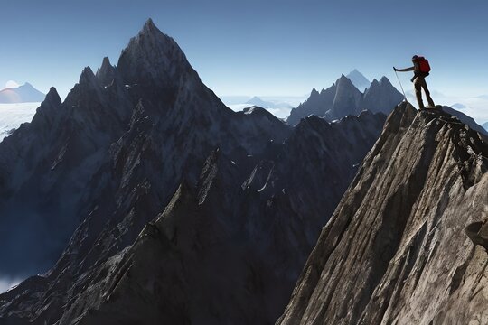 Setting up goals concept, mountain climber going towards flag on mountain top, illustration. Generative AI