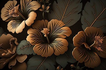 Repeating pattern of bronze hibiscus on dark paper. Background, ornament, creativity, high resolution, art, generative artificial intelligence - obrazy, fototapety, plakaty