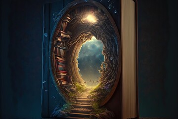 Book with a portal and a tree on the background of clouds. Fantasy, symbolism, self-development, education, fairy tales, high resolution, art, generative artificial intelligence