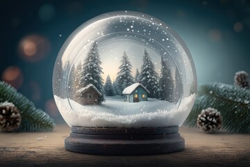 Fototapeta na wymiar Christmas snow globe, on a winter background. Magical holiday atmosphere, toys, dark cold colors, high resolution, art, generative artificial intelligence