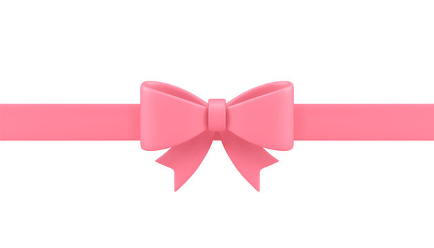 Pink bow ribbon wrapped birthday package decor tied silk 3d icon realistic vector illustration