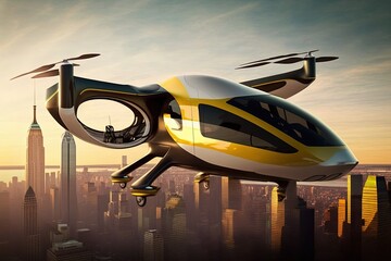 Military and civillian helicopter of the future in motion in a futuristic style on the background of the urban landscape. New technologies, cyberpunk, high resolution, art, artificial intelligence