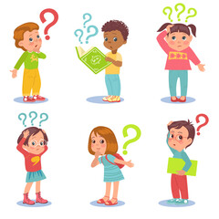 Kids with question. Little inquisitive girls or boys. Thoughtful children with interrogation marks. Curious young students. Searching solution. Education trouble. Splendid vector set