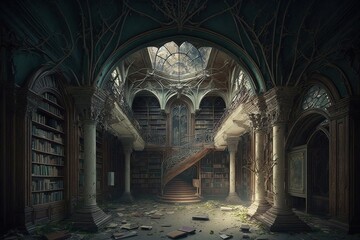 Obraz premium Ancient hall richly decorated but abandoned library. Luxurious interior, gothic style, reading room, rare book collection, spooky atmosphere, high definition, art, generative artificial intelligence