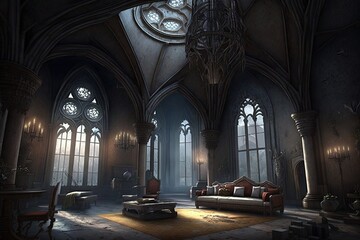 Ancient hall richly decorated but abandoned library. Luxurious interior, gothic style, reading room, rare book collection, spooky atmosphere, high definition, art, generative artificial intelligence