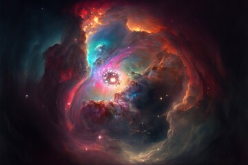 Fototapeta na wymiar Abstract space endless nebula spiral galaxy background. Star system, gravity, astronomy, black hole, high resolution, art, generative artificial intelligence