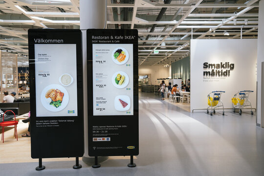 PENANG, MALAYSIA - SEP 23, 2019: Two digital display signboard showing the food menu of the IKEA cafe at IKEA Batu Kawan.