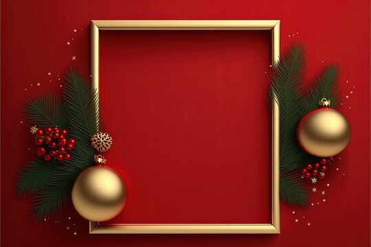 Banner frame with christmas sign with empty space. Gift photo frame, red shades, Christmas tree toys, high resolution, art, generative artificial intelligence