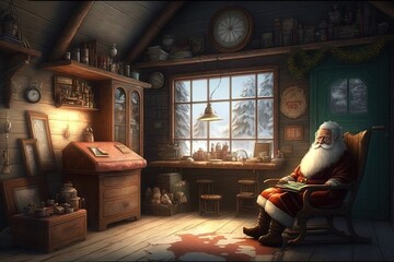 Santa's house at the North Pole, where Santa gives gifts to children for Christmas and New Year. Winter period, festive atmosphere. High resolution, art, generative artificial intelligence