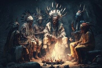 Coven of ancient native Indians. A group of Indians sits in feathers near the fire and conduct rituals to reunite with the spirits of ancient ancestors, high resolution, art, generative ai