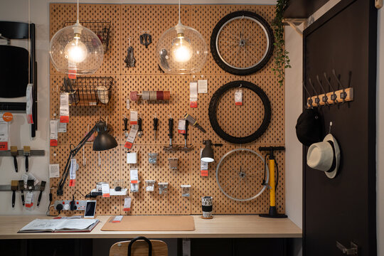 PENANG, MALAYSIA - NOV 23, 2020: IKEA SKADIS Pegboard with hardware tools display in IKEA Batu Kawan Penang Showroom.