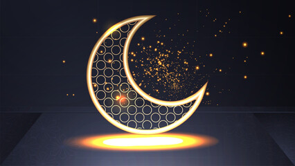Obraz na płótnie Canvas Eid Mubarak festival golden crescent moon and lanterns, gold background