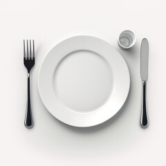 White empty plate and cutlery, generative AI.