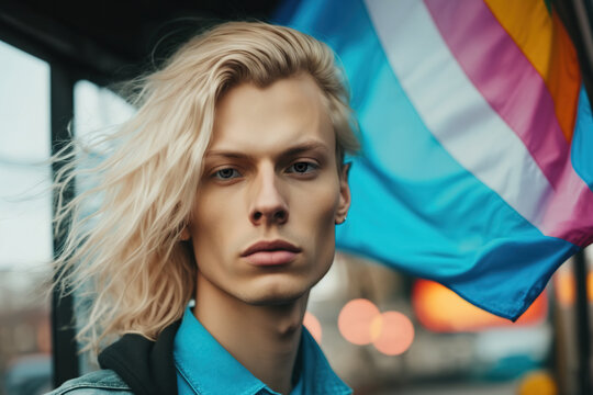 AI image of blonde haired man against blurred flag