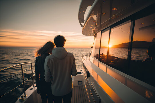 Generative AI illustration of couple admiring sunset on yacht
