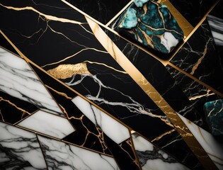Marble stone texture background material with elements of semi-precious stones and gold created with Generative AI technology