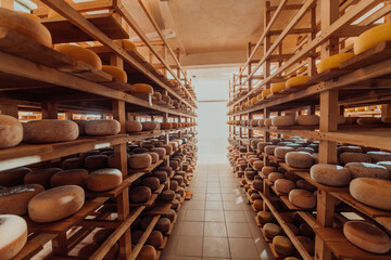 A large storehouse of manufactured cheese standing on the shelves ready to be transported to markets